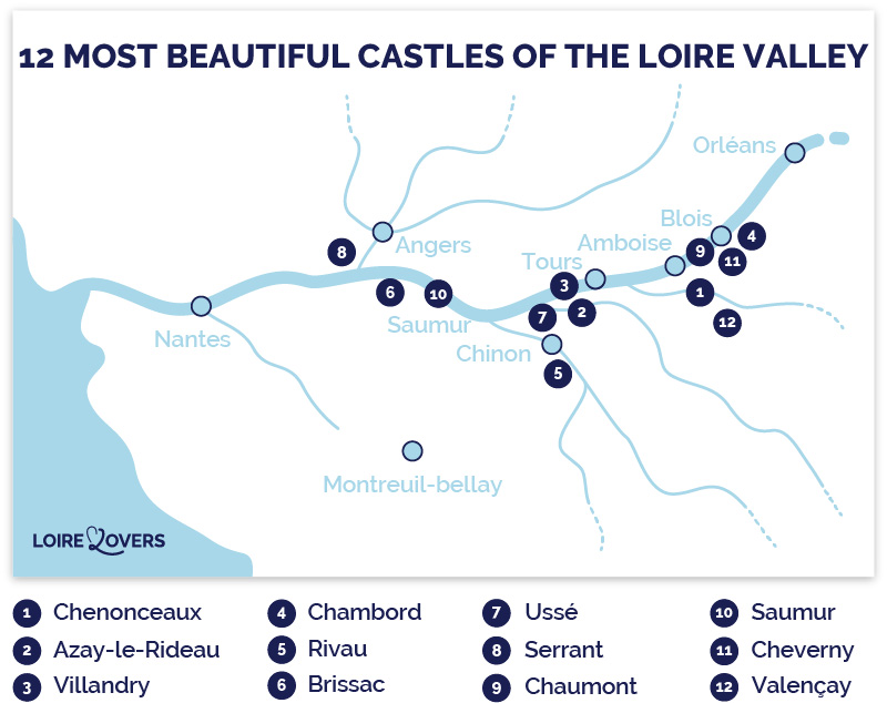 map of the most beautiful castles in the Loire Valley
