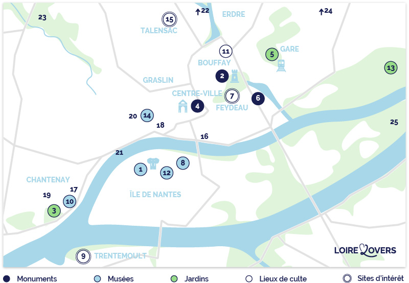 Carte des principaux monuments et visites à Nantes