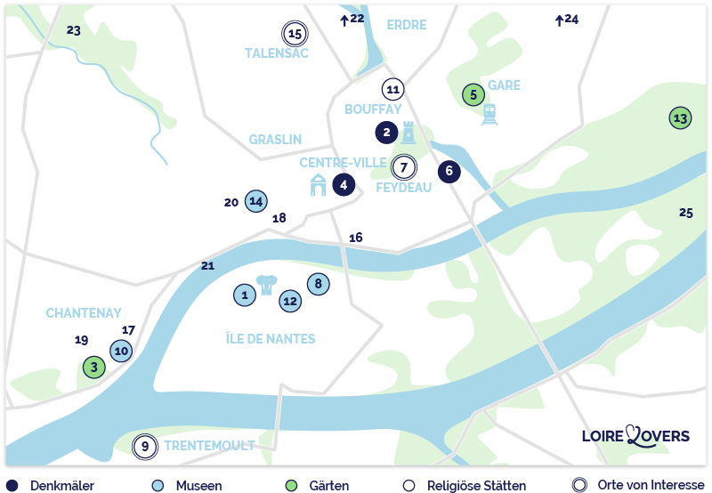 Karte der wichtigsten Sehenswürdigkeiten und Besichtigungen in Nantes