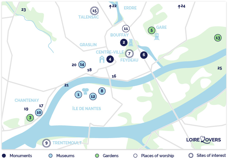 Map of the main monuments and visits in Nantes