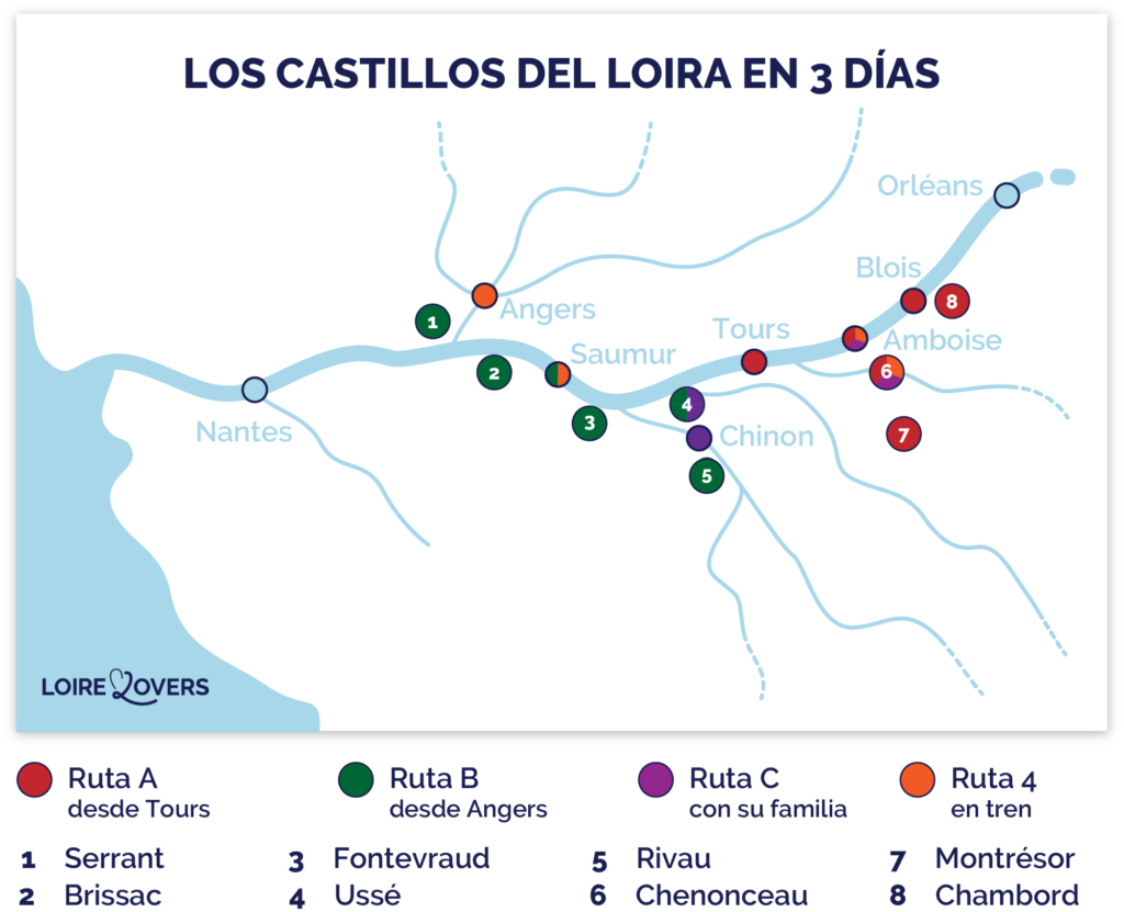 Mapa de la ruta de 3 días por los castillos del Loira  