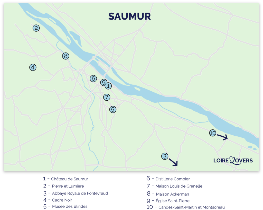 Carte des attractions touristiques incontournables à faire à Saumur et aux environs.