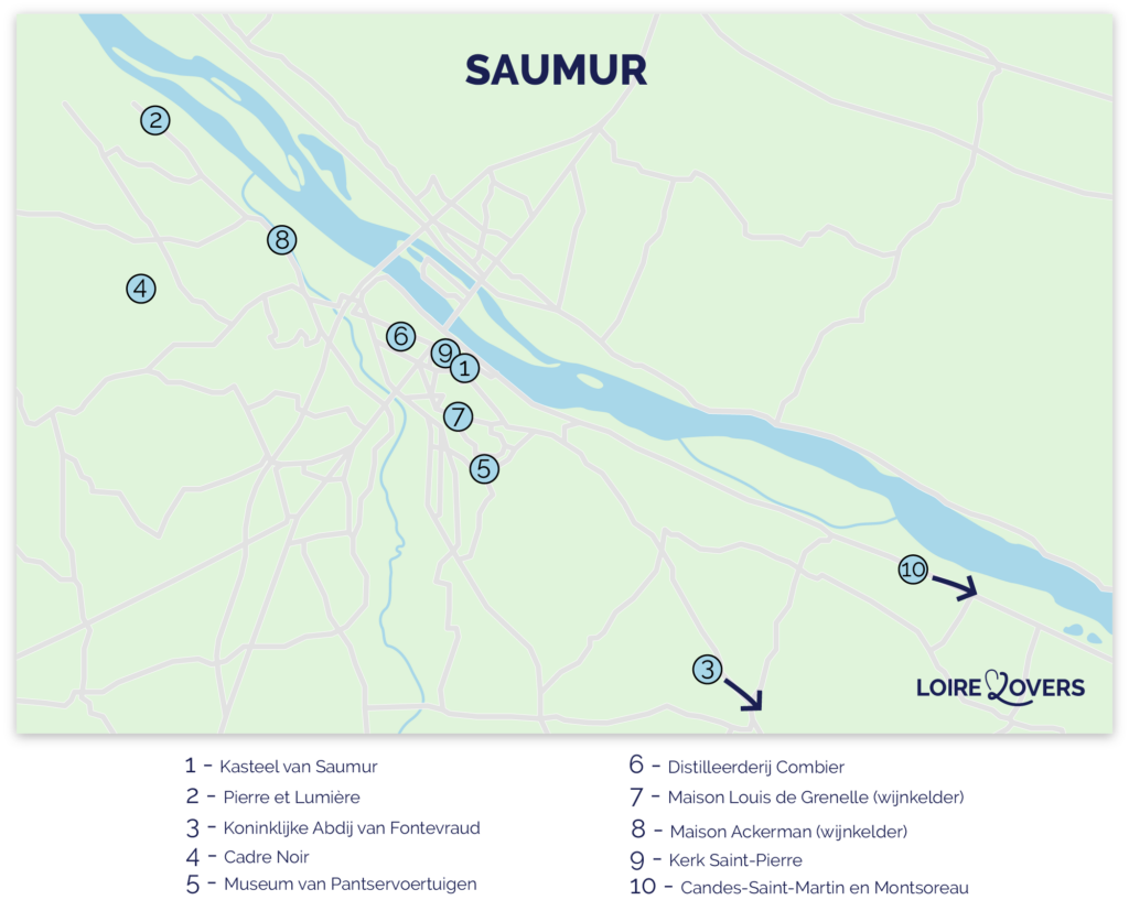Kaart van de toeristische attracties in en rond Saumur.