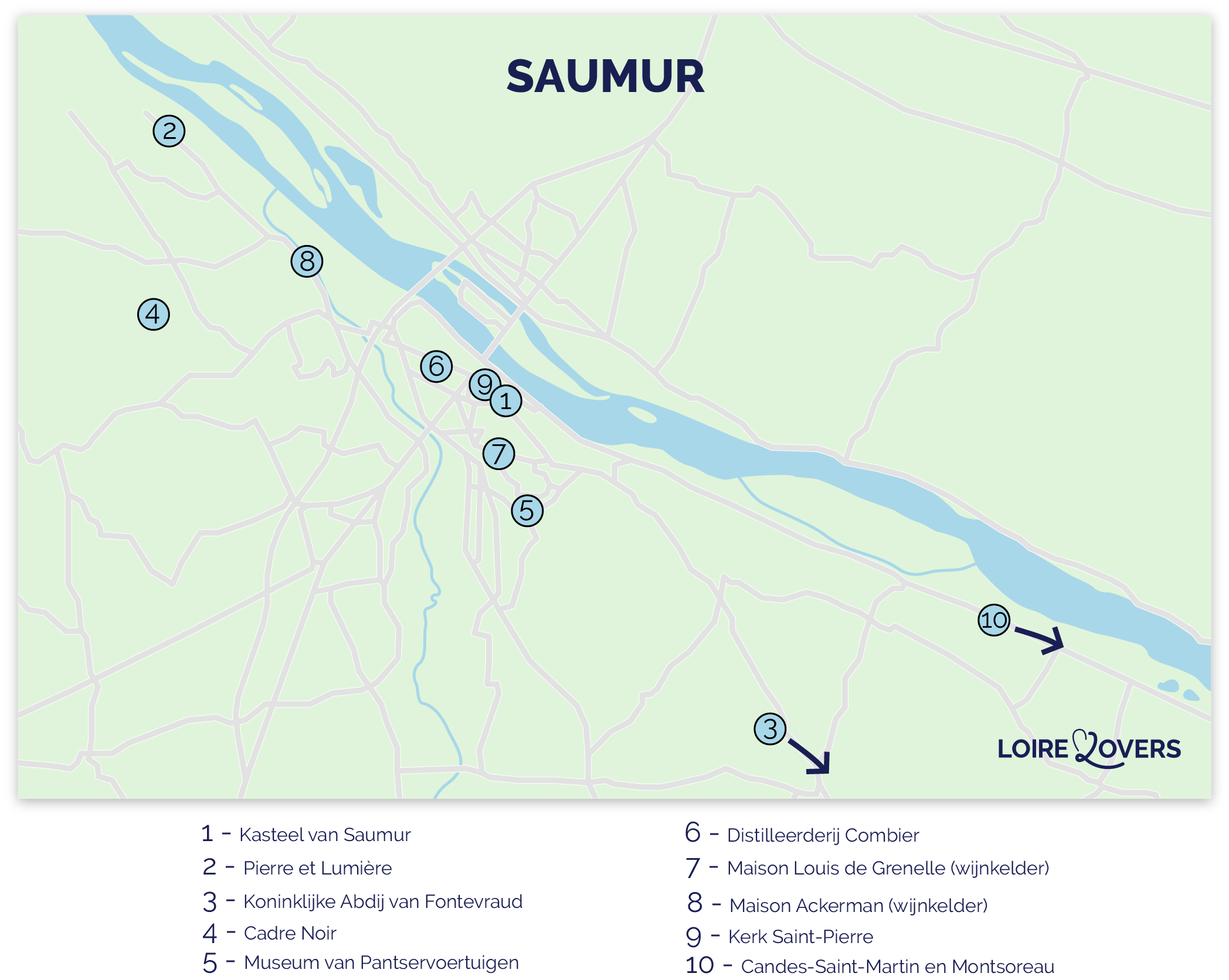 Kaart van de toeristische attracties in en rond Saumur.