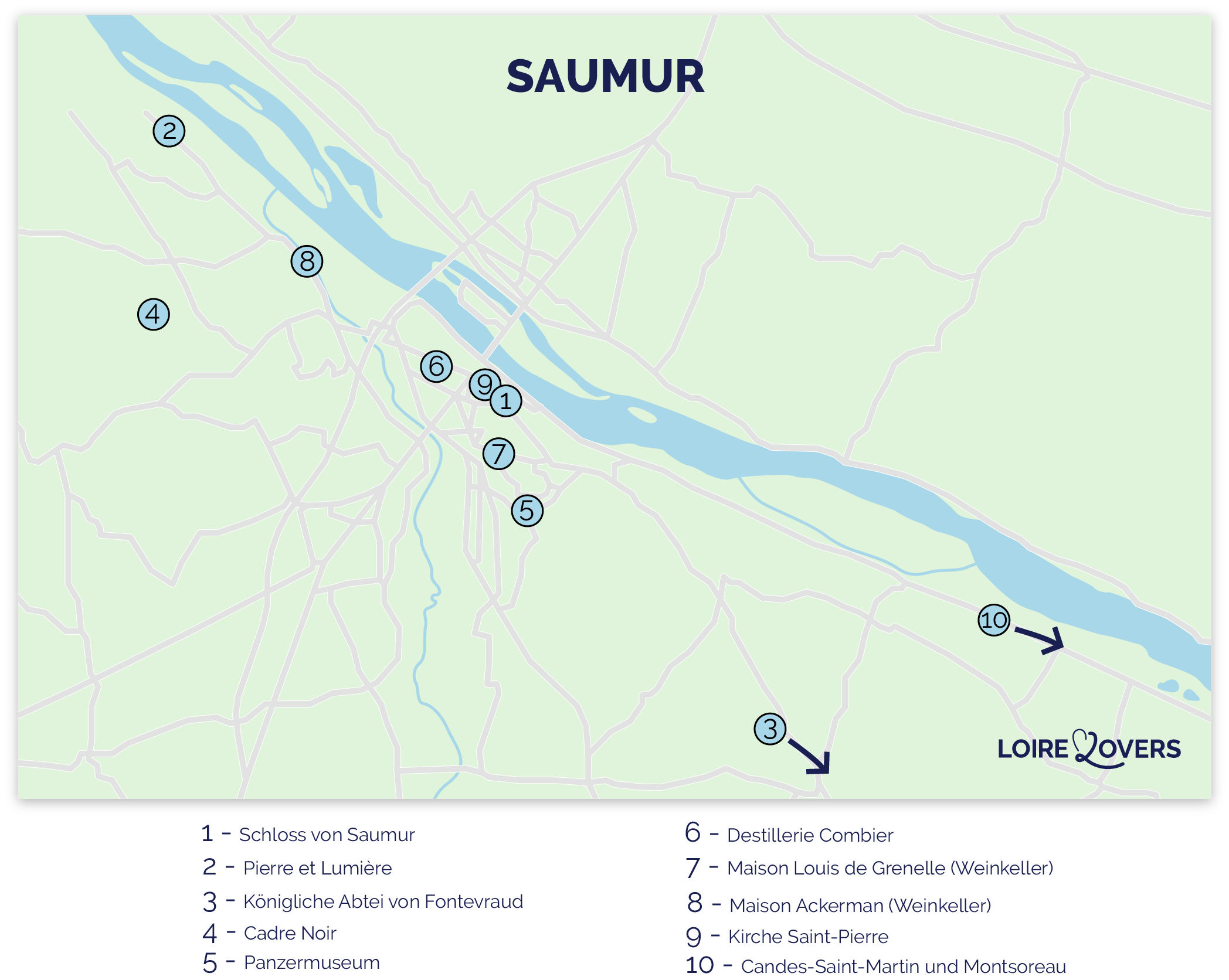 Karte mit den wichtigsten touristischen Attraktionen, die Sie in Saumur und Umgebung unternehmen können.