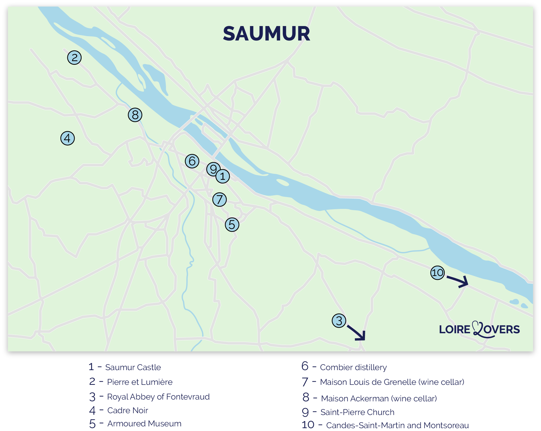 Map of must-see tourist attractions in and around Saumur.