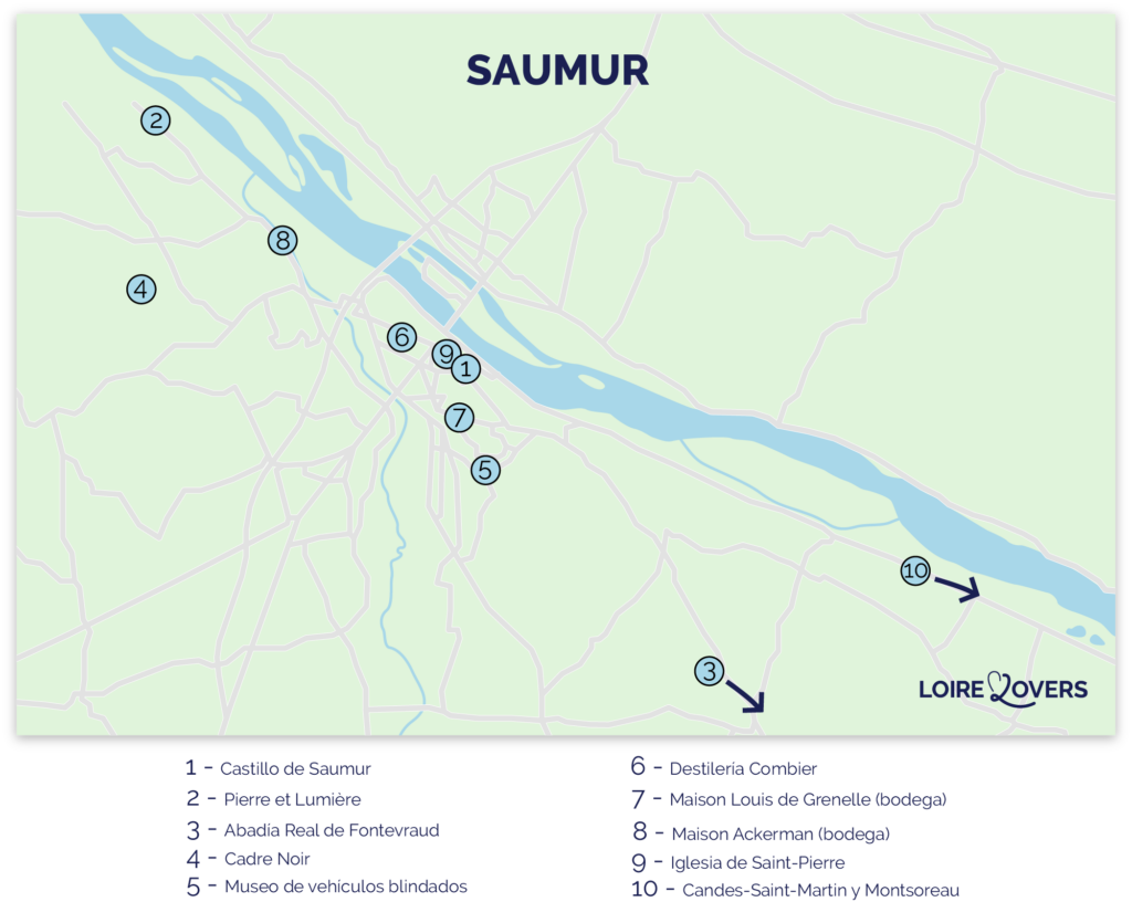Mapa de las atracciones turísticas obligadas en Saumur y sus alrededores.