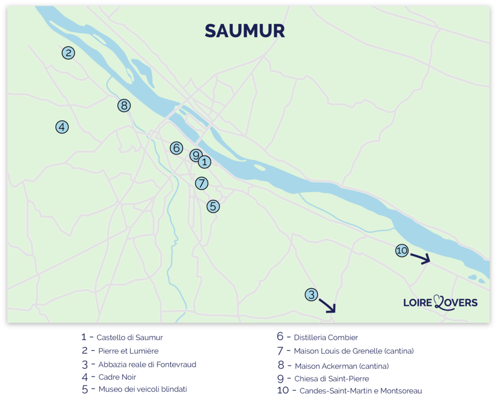 Mappa delle attrazioni turistiche imperdibili di Saumur e dintorni.