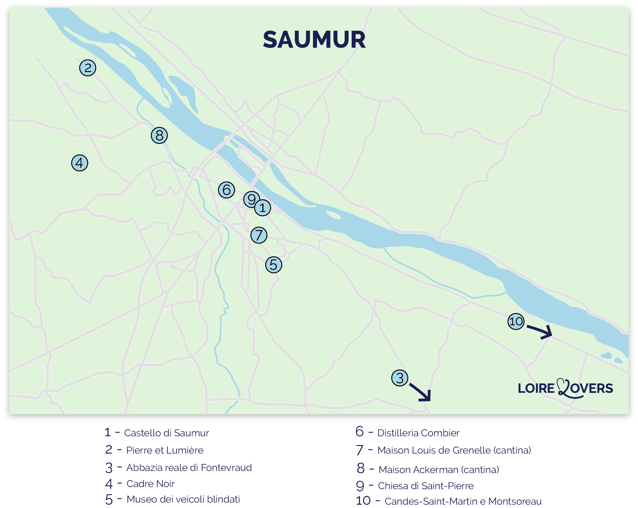 Mappa delle attrazioni turistiche imperdibili di Saumur e dintorni.